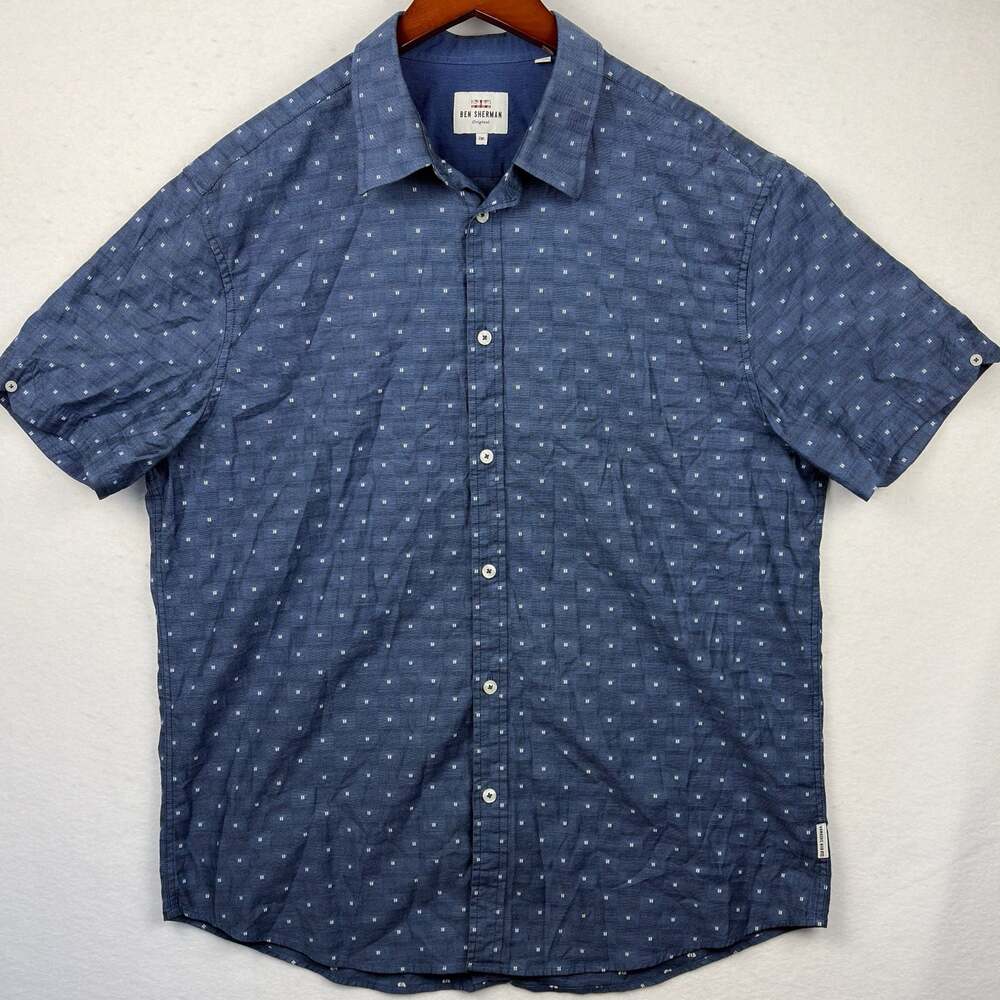 Ben Sherman Original Mens 2XL Blue Geometric Print‎ Short Sleeve Stretch Shirt